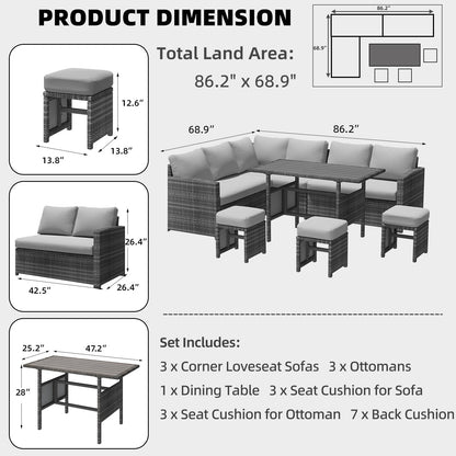 YODOLLA 7-Pc Patio Set, Grey Rattan & Grey Cushion