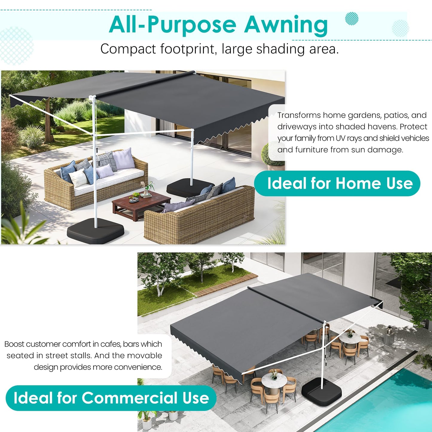 YODOLLA 13'x10' Dual Side Awnings Free Standing Retractable Awning with Weighted Base