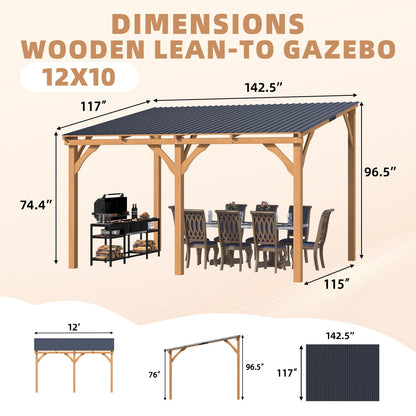 YODOLLA 12' x 10' Outdoor Wood Ceder Gazebo Lean to Hardtop Pergolas