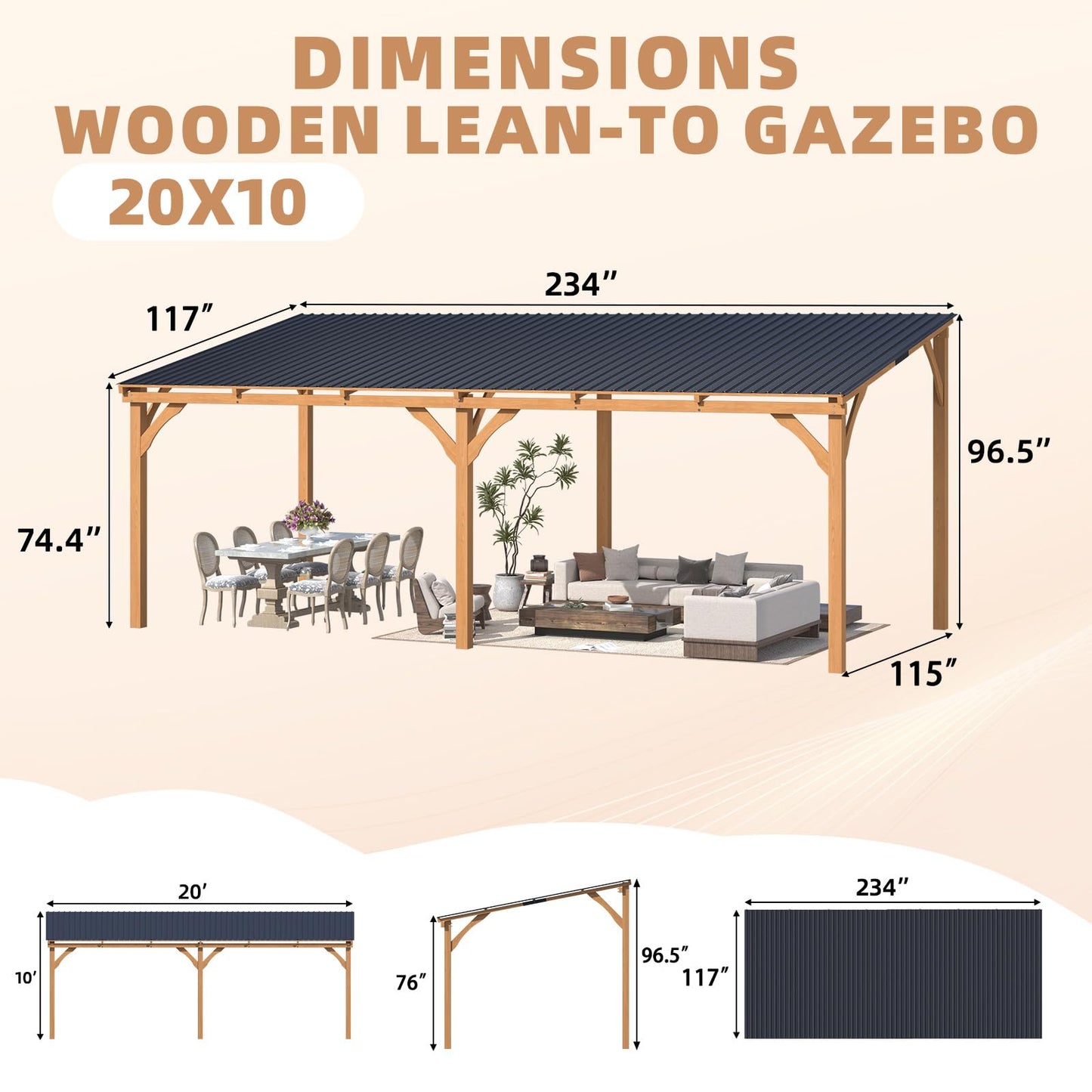YODOLLA 20' x 10' Outdoor Wood Ceder Gazebo Lean to Hardtop Pergolas