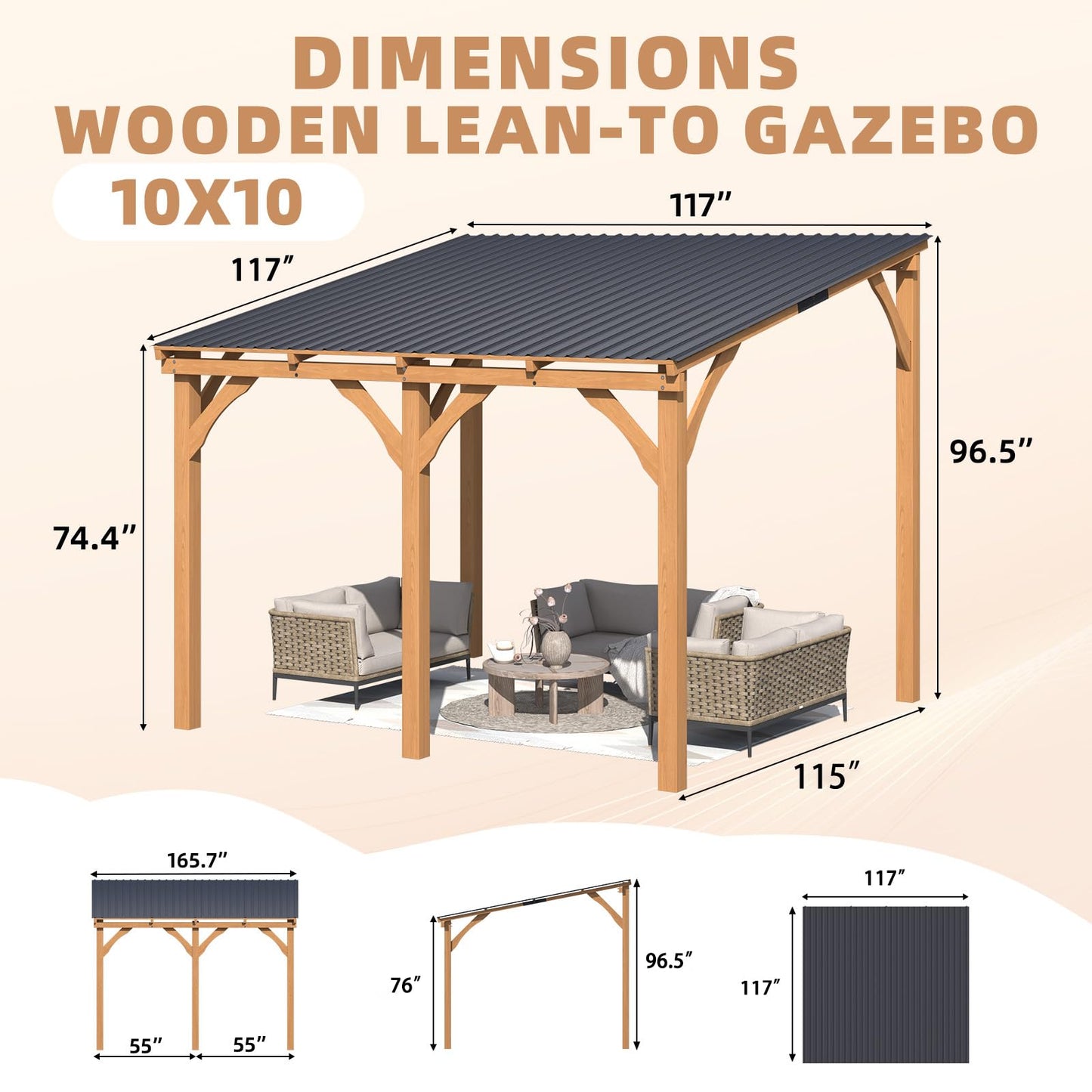 YODOLLA 10' x 10' Outdoor Wood Ceder Gazebo Lean to Hardtop Pergolas