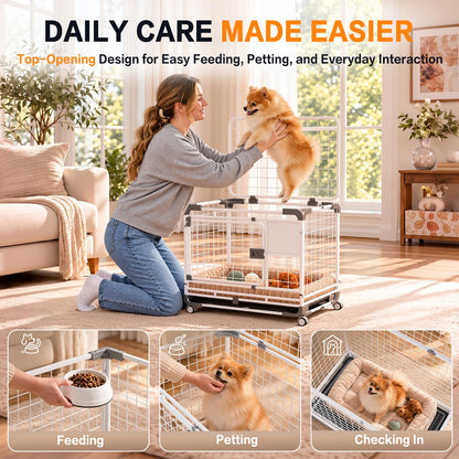 YODOLLA 24" Metal Wire Dog Crate for Small Dogs with Wheels, White