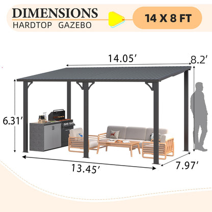 YODOLLA 14' x 8' Outdoor Hardtop Metal Gazebo Lean to Galvanized Steel Wall Mounted Pergolas