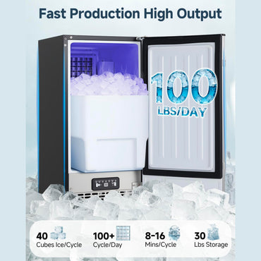 YODOLLA 15''W Commercial Ice Maker 100 lbs/24H, Stainless Steel Under Counter Ice Machine