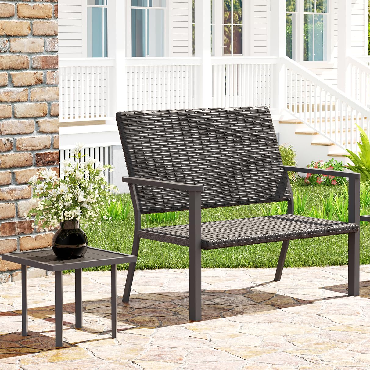 YODOLLA Outdoor Dining Set, Metal Frame Patio 2PCS (Rattan Back Bench+Side Table)