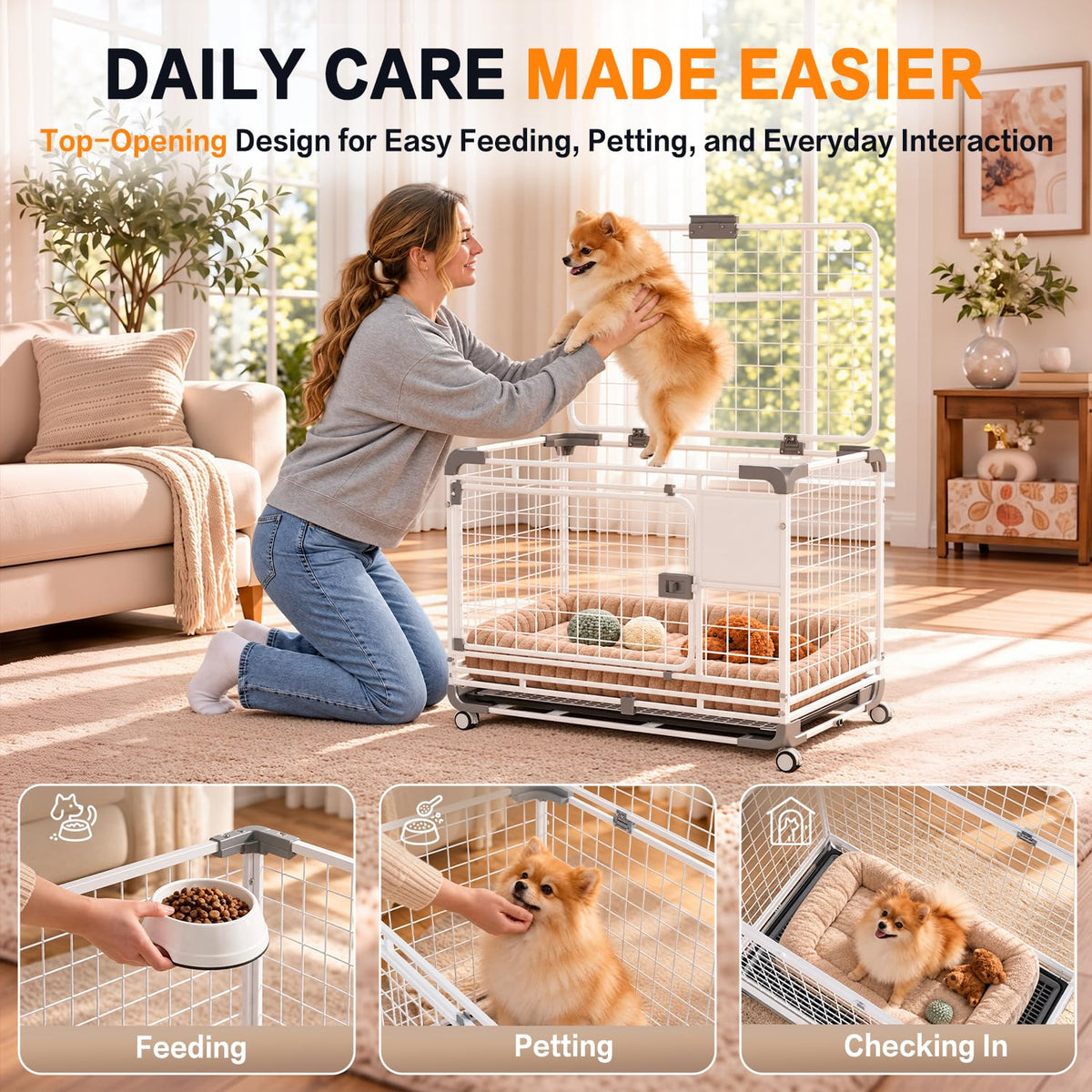 YODOLLA 30" Metal Wire Dog Crate for Small Dogs with Wheels, White