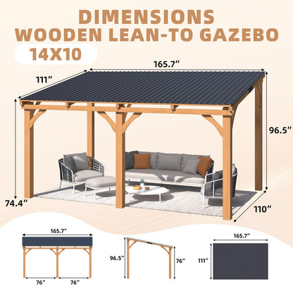 YODOLLA 14' x 10' Outdoor Wood Ceder Gazebo Lean to Hardtop Pergolas