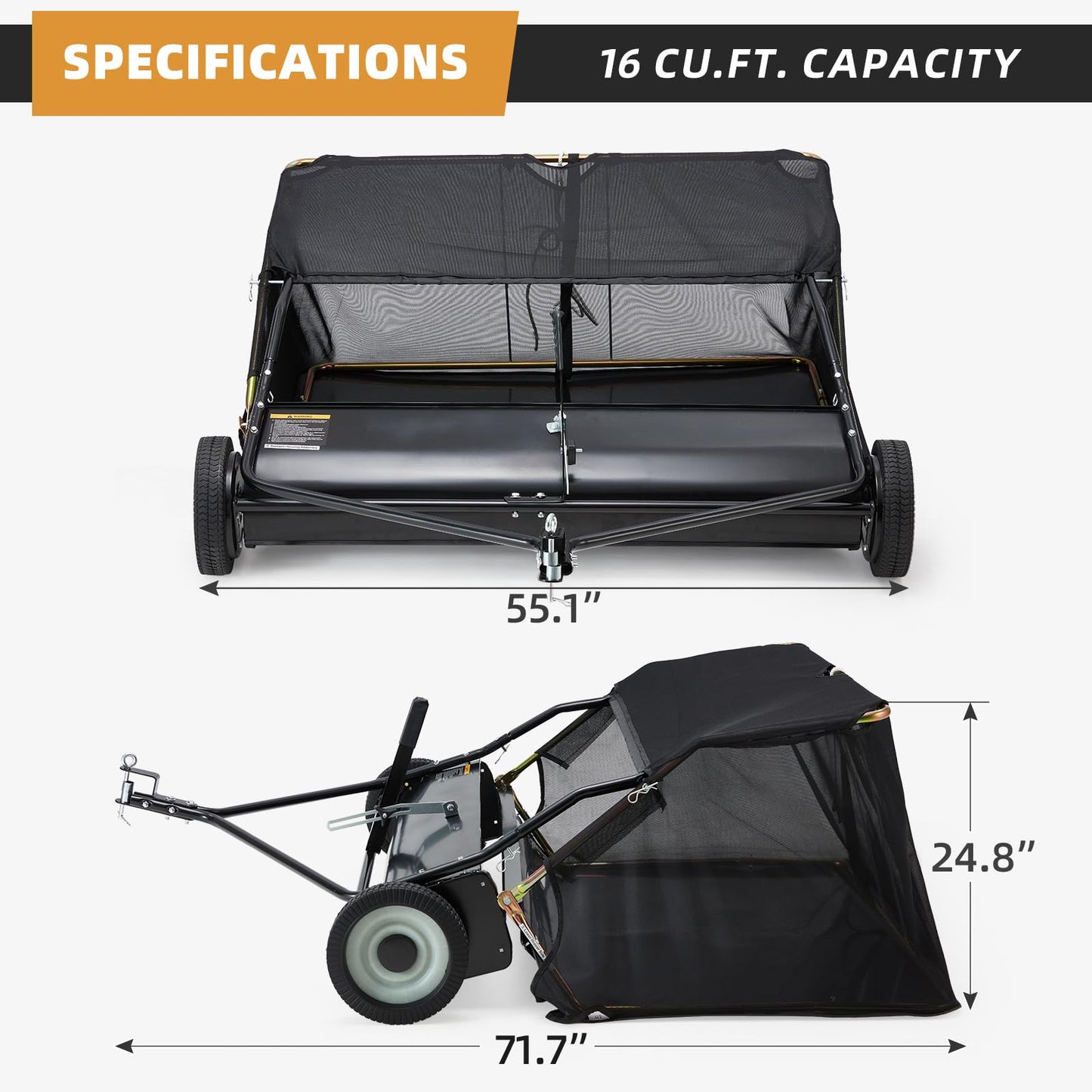 YODOLLA 48" Lawn Sweeper Tow Behind, Pull Behind Grass & Leaf Collector