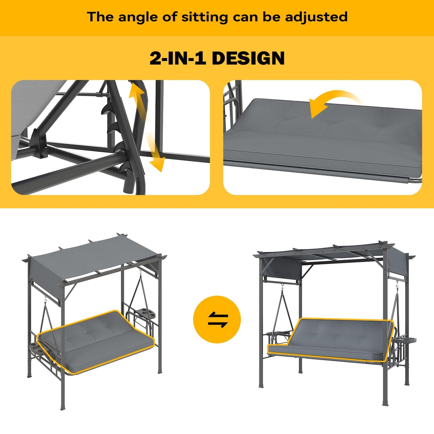 YODOLLA 2-in-1 Convertible Porch Swing Bed 3 Seat, Outdoor Patio Metal Pergola Swing