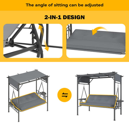 YODOLLA 2-in-1 Convertible Porch Swing Bed 3 Seat, Outdoor Patio Metal Pergola Swing