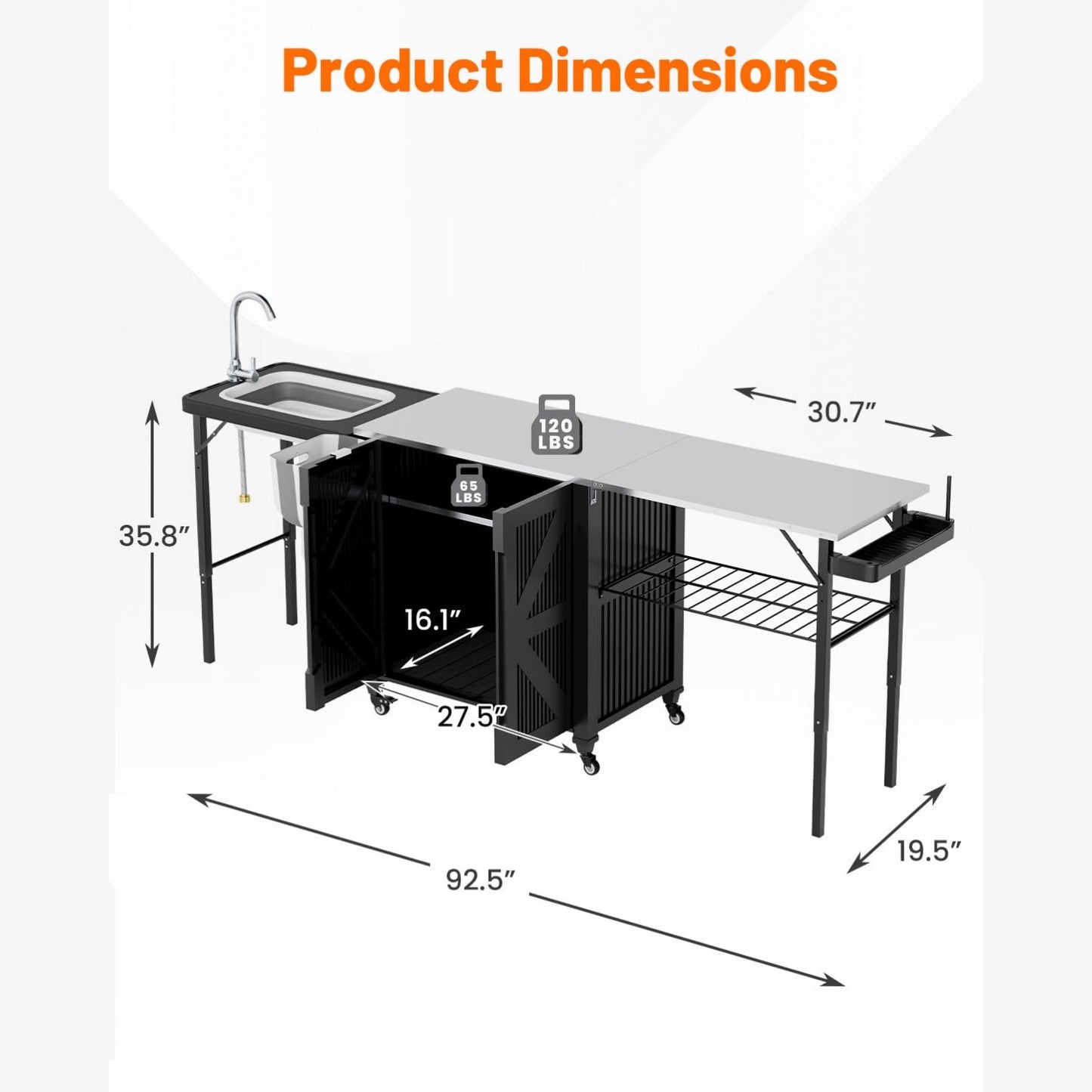 YODOLLA Outdoor Grill Cart Table with Sink, Portable Folding Kitchen Island with Storage Cabinet