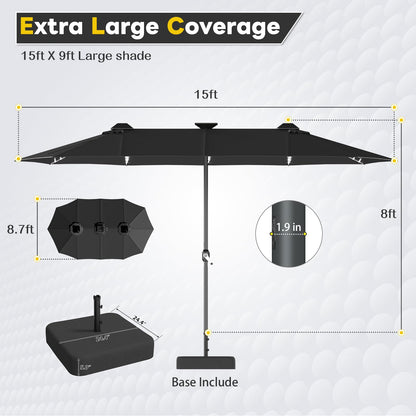 YODOLLA 15ft Double-Sided Patio Umbrella Outdoor Rectangle Umbrella with Base, Black