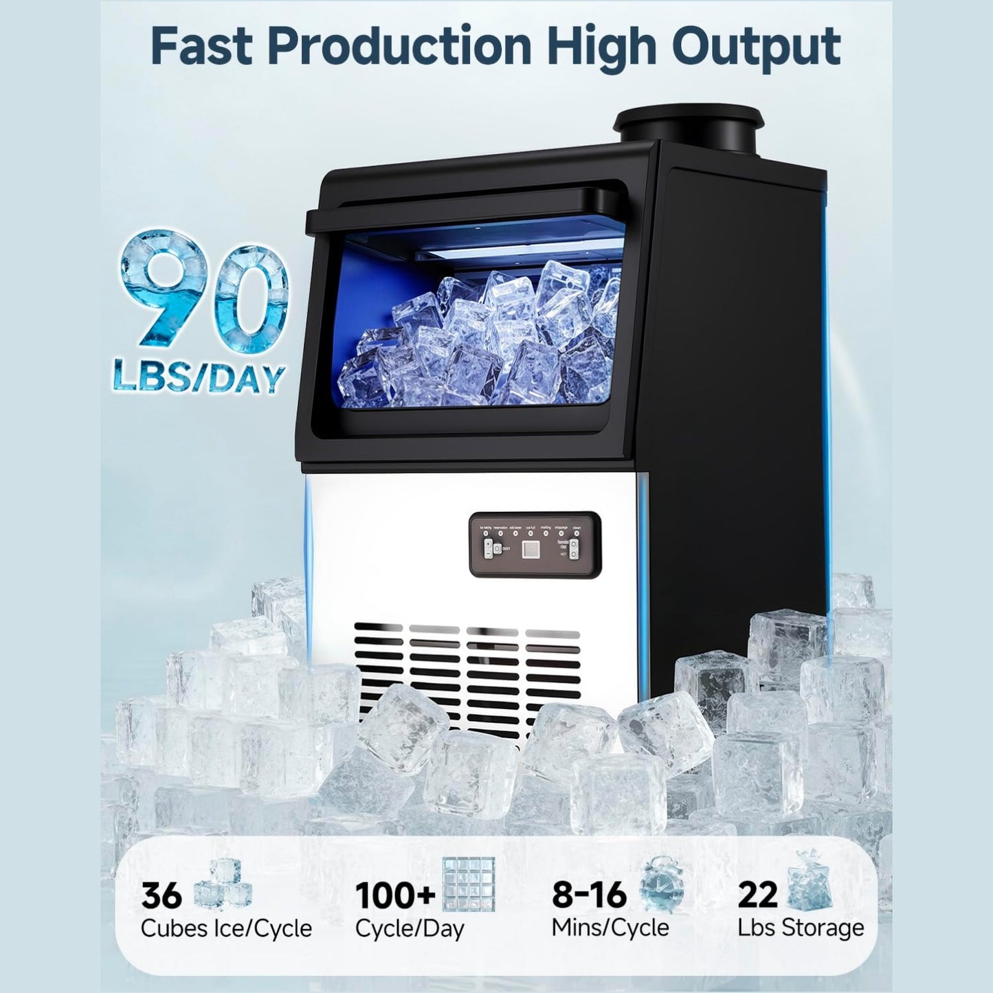 YODOLLA Commercial Ice Maker 90 lbs/24H, Stainless Steel Under Counter Ice Machine