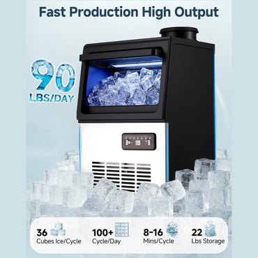 YODOLLA Commercial Ice Maker 90 lbs/24H, Stainless Steel Under Counter Ice Machine
