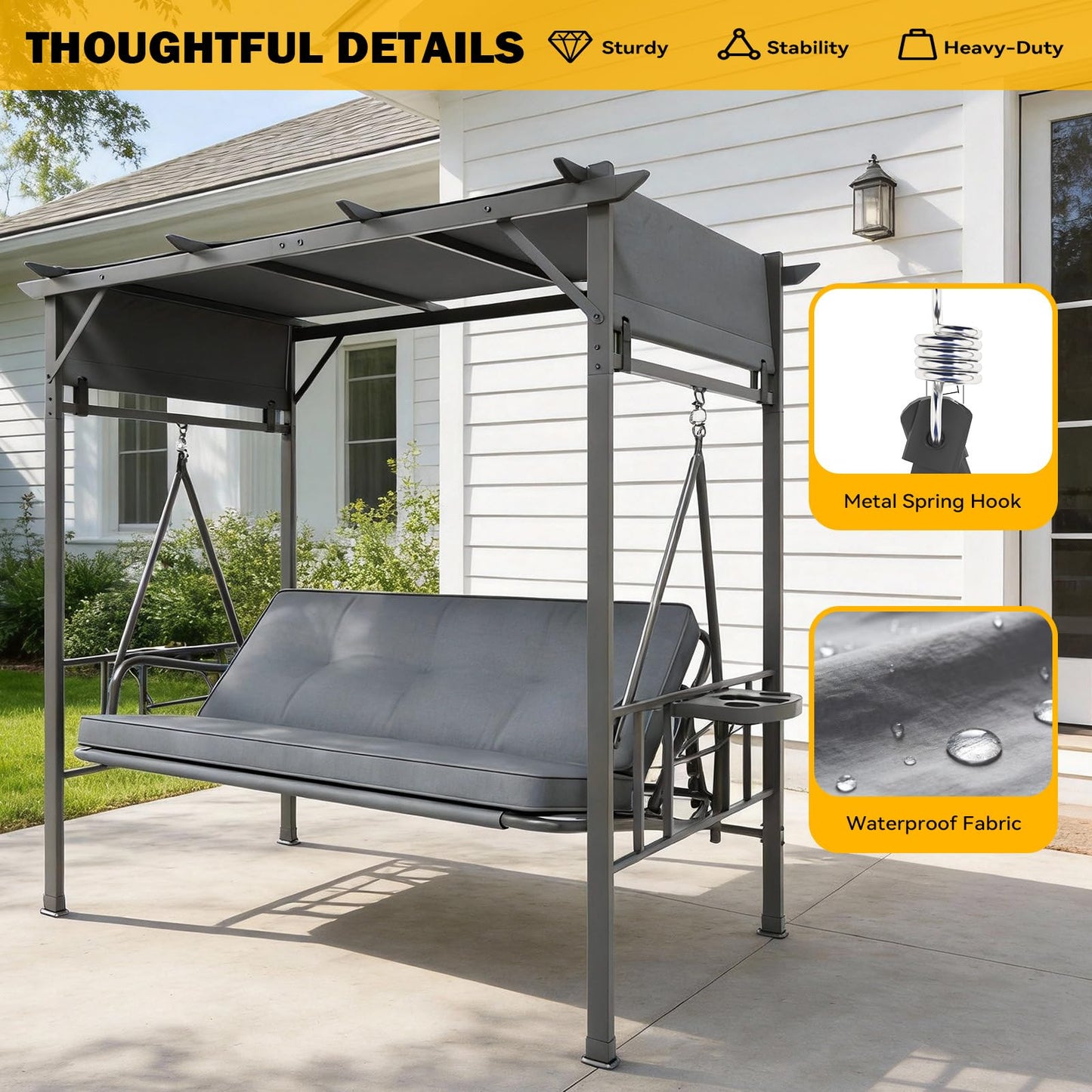 YODOLLA 2-in-1 Convertible Porch Swing Bed 3 Seat, Outdoor Patio Metal Pergola Swing