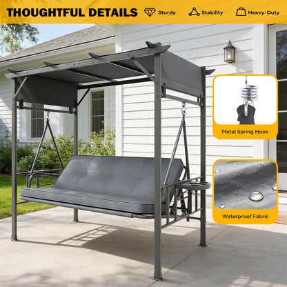 YODOLLA 2-in-1 Convertible Porch Swing Bed 3 Seat, Outdoor Patio Metal Pergola Swing