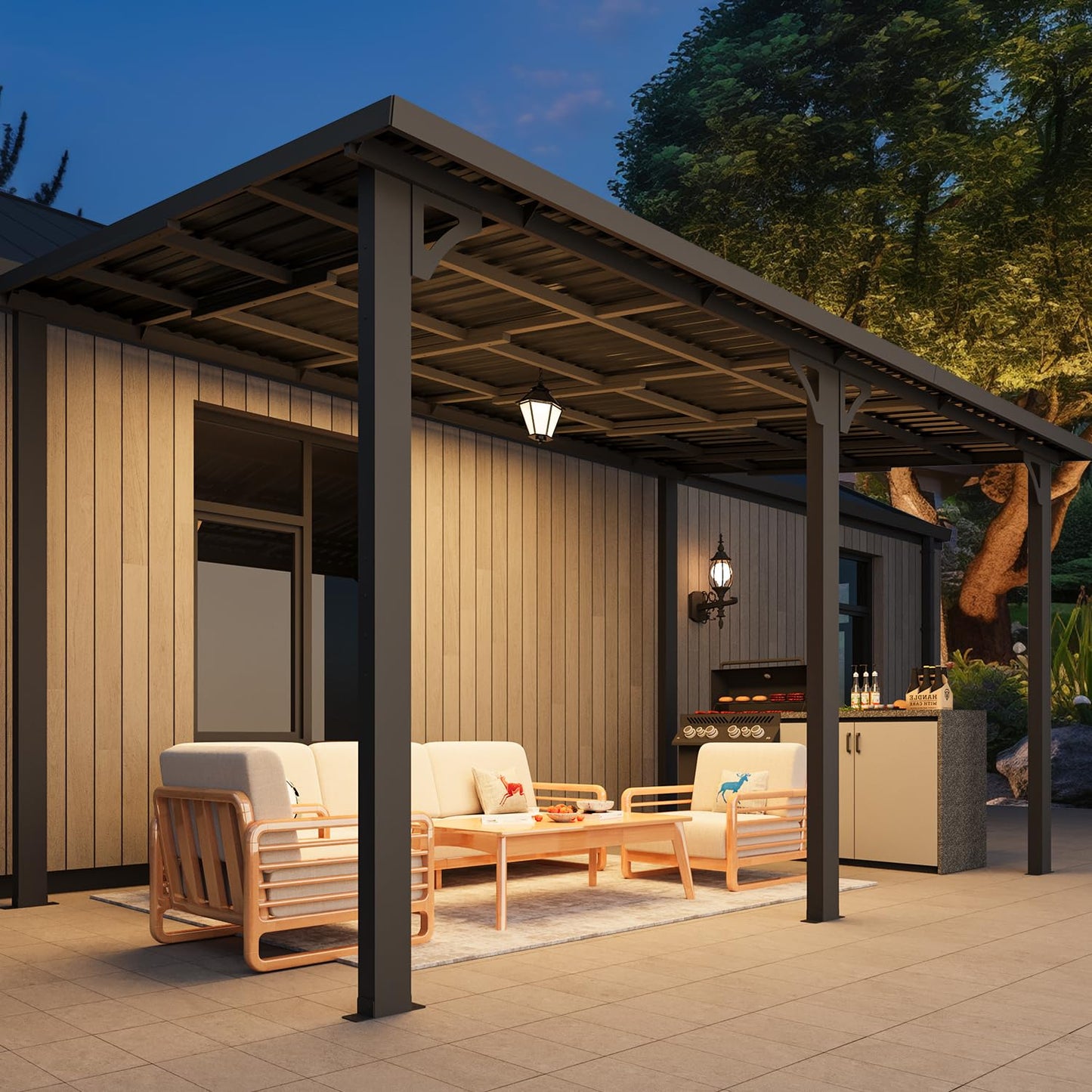 YODOLLA 16' x 8' Outdoor Hardtop Metal Gazebo Lean to Galvanized Steel Wall Mounted Pergolas