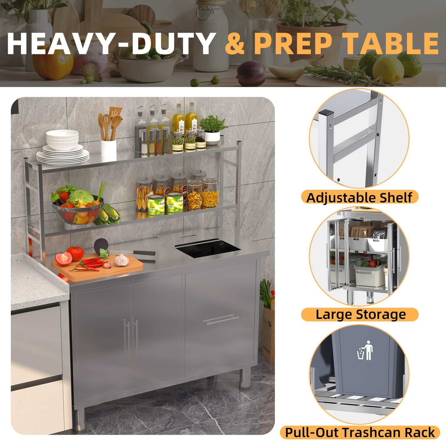 YODOLLA Stainless Steel Work Table with Trash Bin Cabinet 48"x20" Prep Table