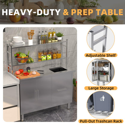 YODOLLA Stainless Steel Work Table with Trash Bin Cabinet 48"x20" Prep Table