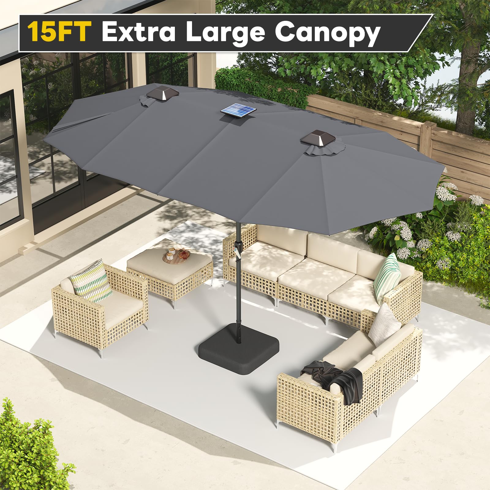 large gray patio umbrella Yodolla 15 x 9 ft Double-Sided Rectangular Patio Umbrella with Solar Lights & Included Base, 360 All-Round Lighting, 1.9" Pole, Dark Gray