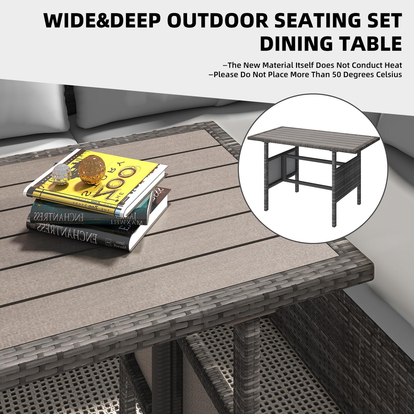 YODOLLA 7-Pc Patio Set, Grey Rattan & Grey Cushion