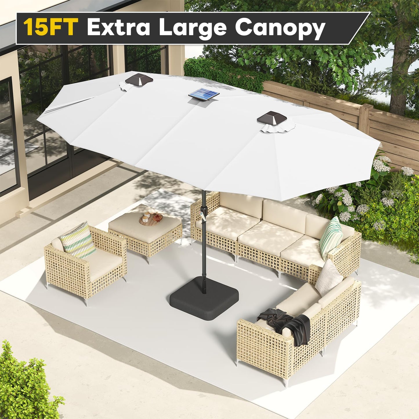 YODOLLA 15ft Double-Sided Patio Umbrella Outdoor Rectangle Umbrella with Base, Beige