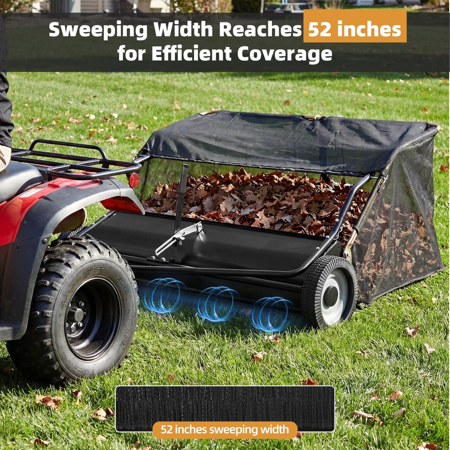 YODOLLA 52" Lawn Sweeper Tow Behind, Pull Behind Grass & Leaf Collector