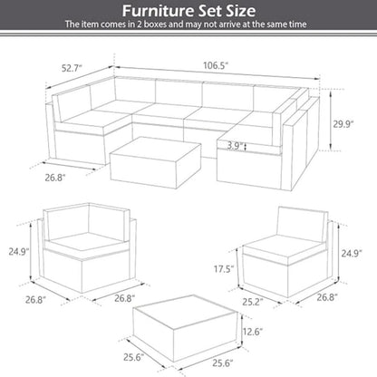 YODOLLA 7 Piece Outdoor Patio Furniture Set with 30 Inch Fire Pit Table, Grey Rattan Dark Blue Cushion