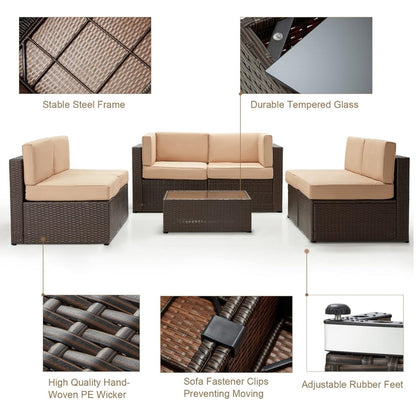 YODOLLA 7 Piece Outdoor Patio Furniture Set with Extra 43 Inch Fire Pit Table, Brown Rattan & Beige Cushion