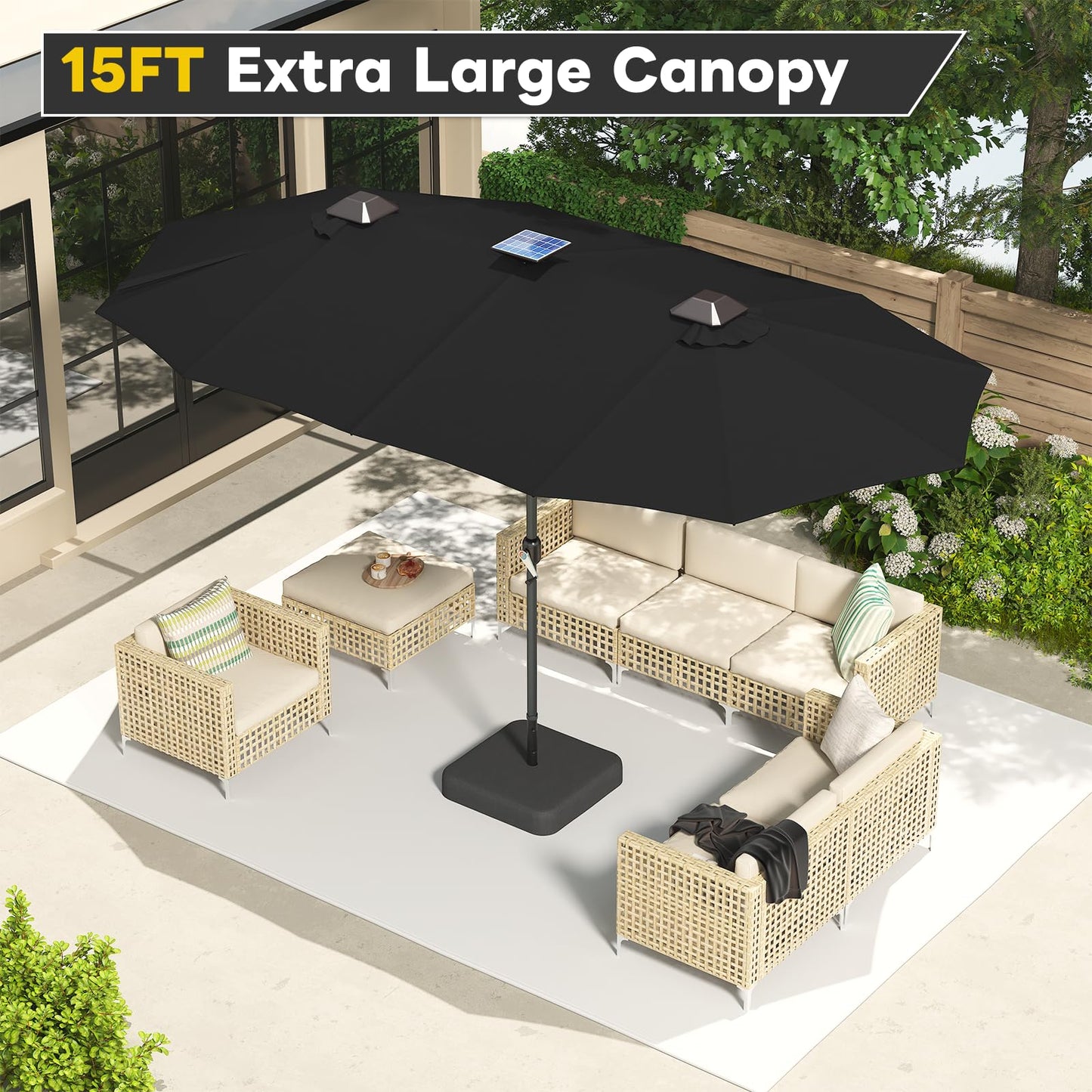 YODOLLA 15ft Double-Sided Patio Umbrella Outdoor Rectangle Umbrella with Base, Black