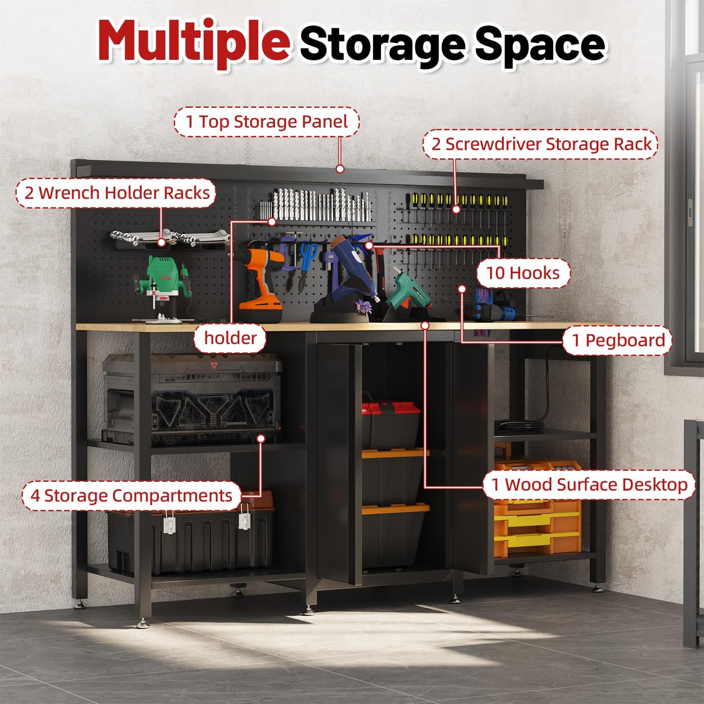 YODOLLA Garage Cabinet Storage System 2000LBS Heavy Duty Work Bench Table