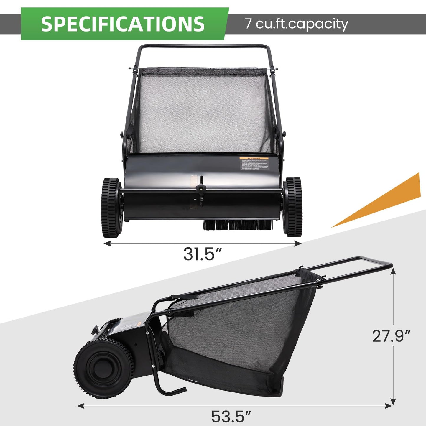 YODOLLA Push Lawn Sweeper, 26 Inch Leaf Collector 7 Cu. Ft. Hopper Capacity