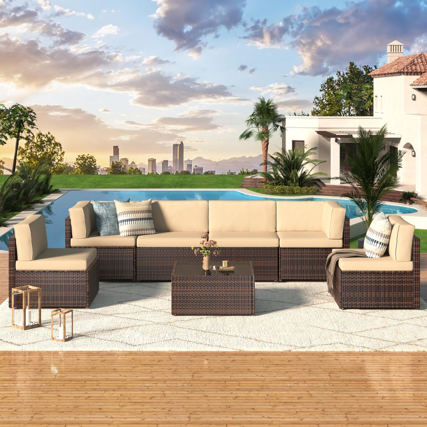 YODOLLA 7 PCS Patio Funriture Set with Coffee Table (7 pcs/with Cover)