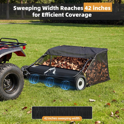 YODOLLA 42" Lawn Sweeper Tow Behind, Pull Behind Grass & Leaf Collector
