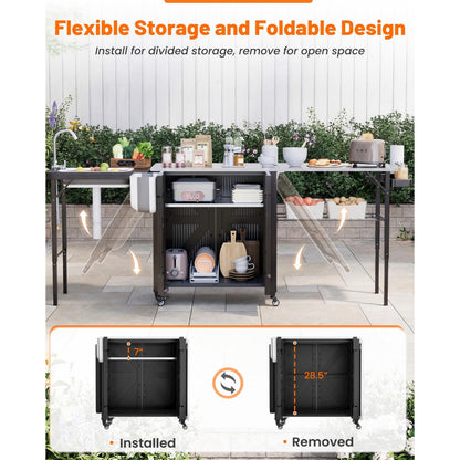YODOLLA Outdoor Grill Cart Table with Sink, Portable Folding Kitchen Island with Storage Cabinet