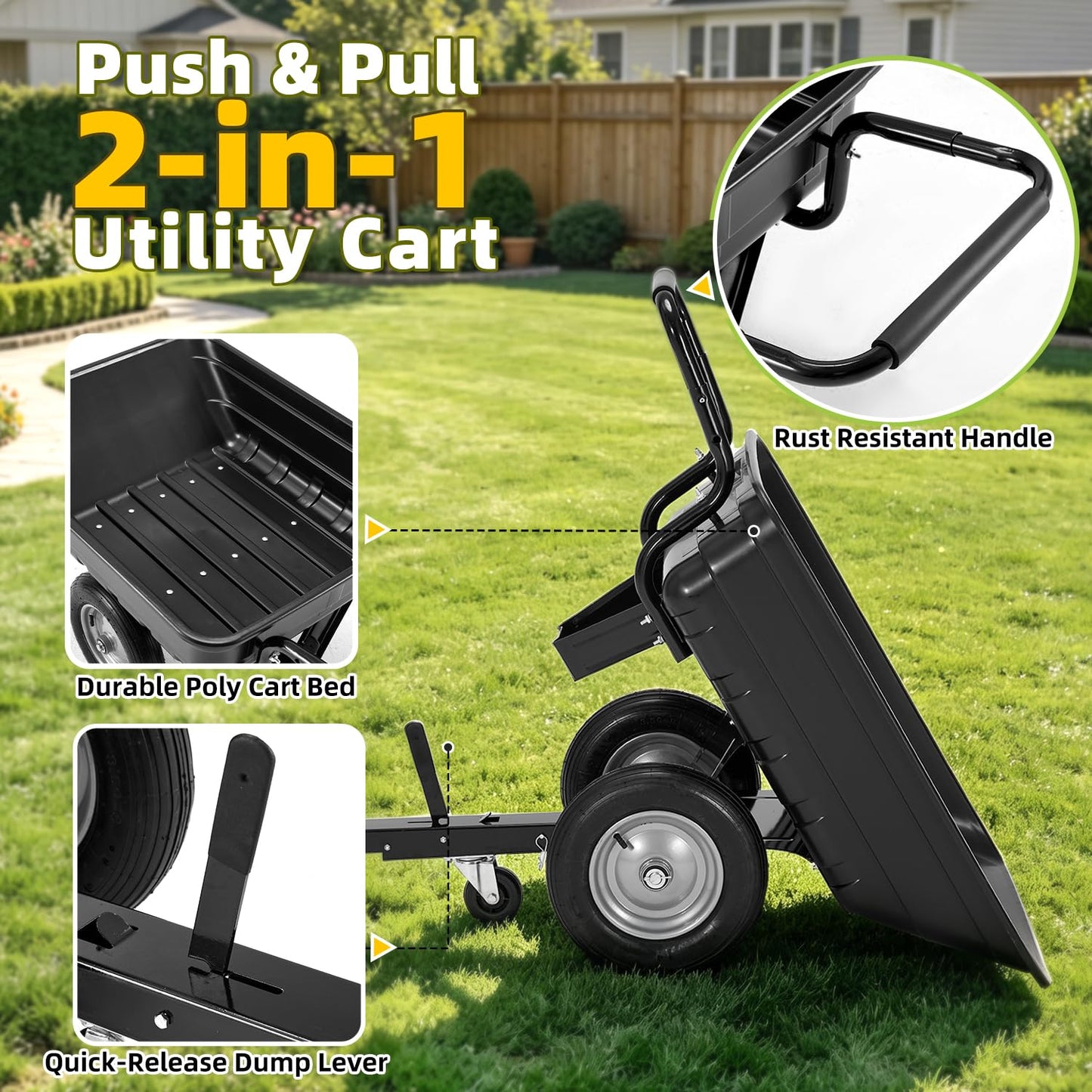 YODOLLA 2-in-1 Dump Cart 500Lbs Heavy Duty Tow Behind Poly Utility Trailer