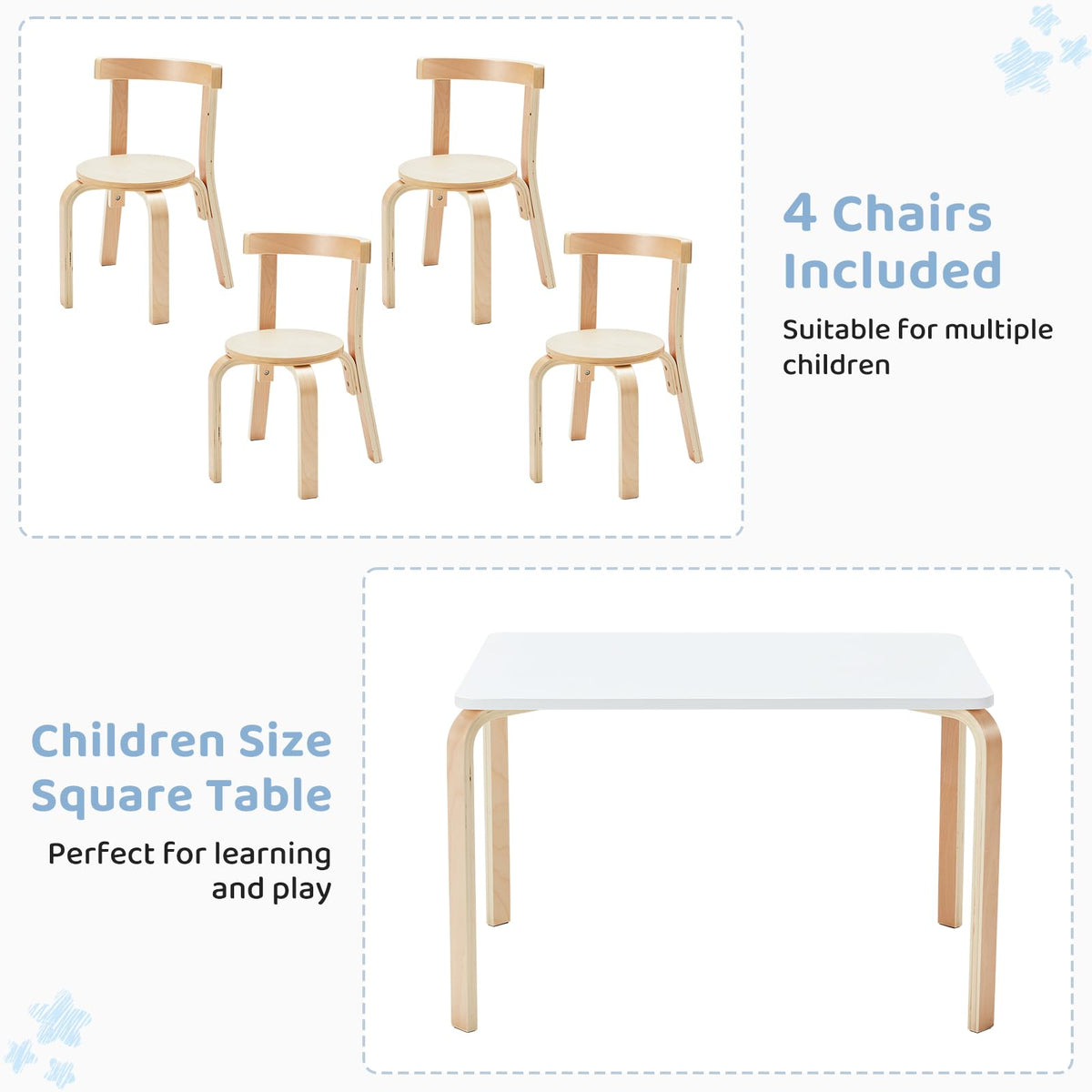 YODOLLA Kids Table and Chair Set, Wooden Toddler Table with 4 Chairs