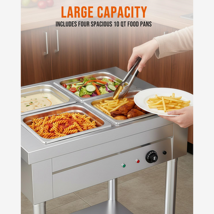 YODOLLA Commercial Food Warmer 1500W Electric Steam Table with 4x10QT Pans & Shelf
