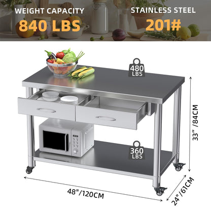 YODOLLA Stainless Steel Work Table with Drawers, 48"x24" Prep Table