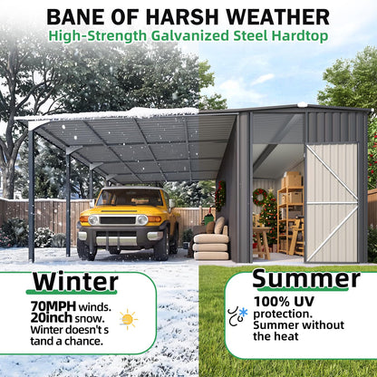 YODOLLA 12x16 Lean to Gazebo Metal Shed Combo, Hardtop Carport with Storage