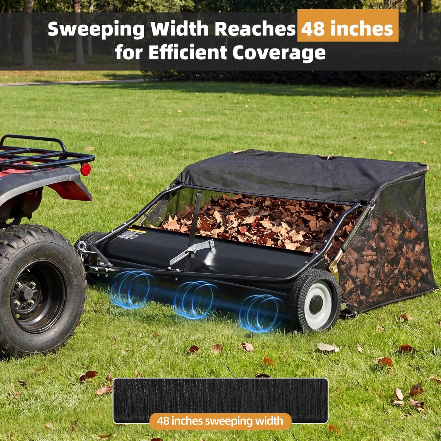 YODOLLA 48" Lawn Sweeper Tow Behind, Pull Behind Grass & Leaf Collector