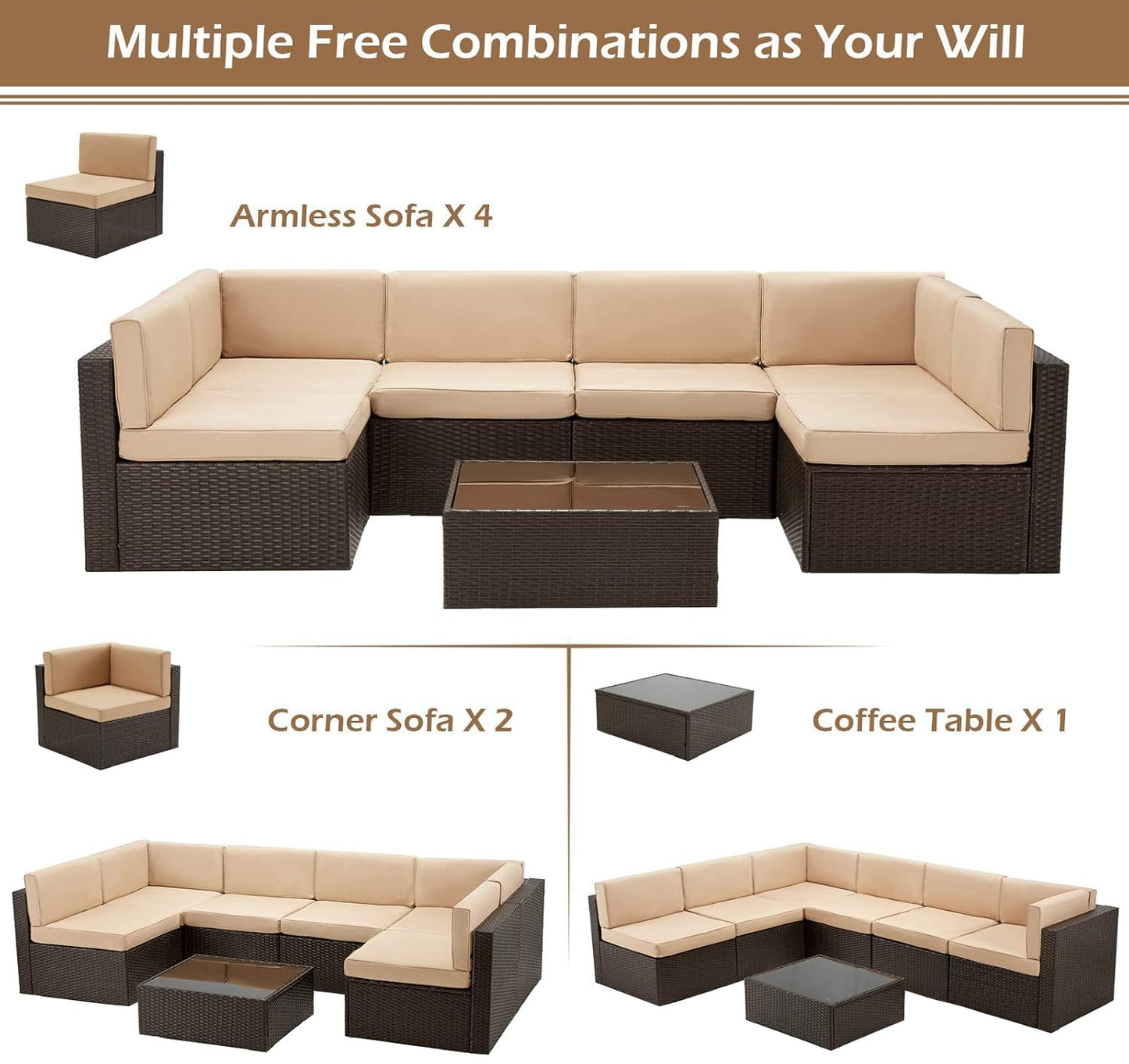 YODOLLA 7 PCS Patio Funriture Set with Coffee Table (7 pcs/with Cover)