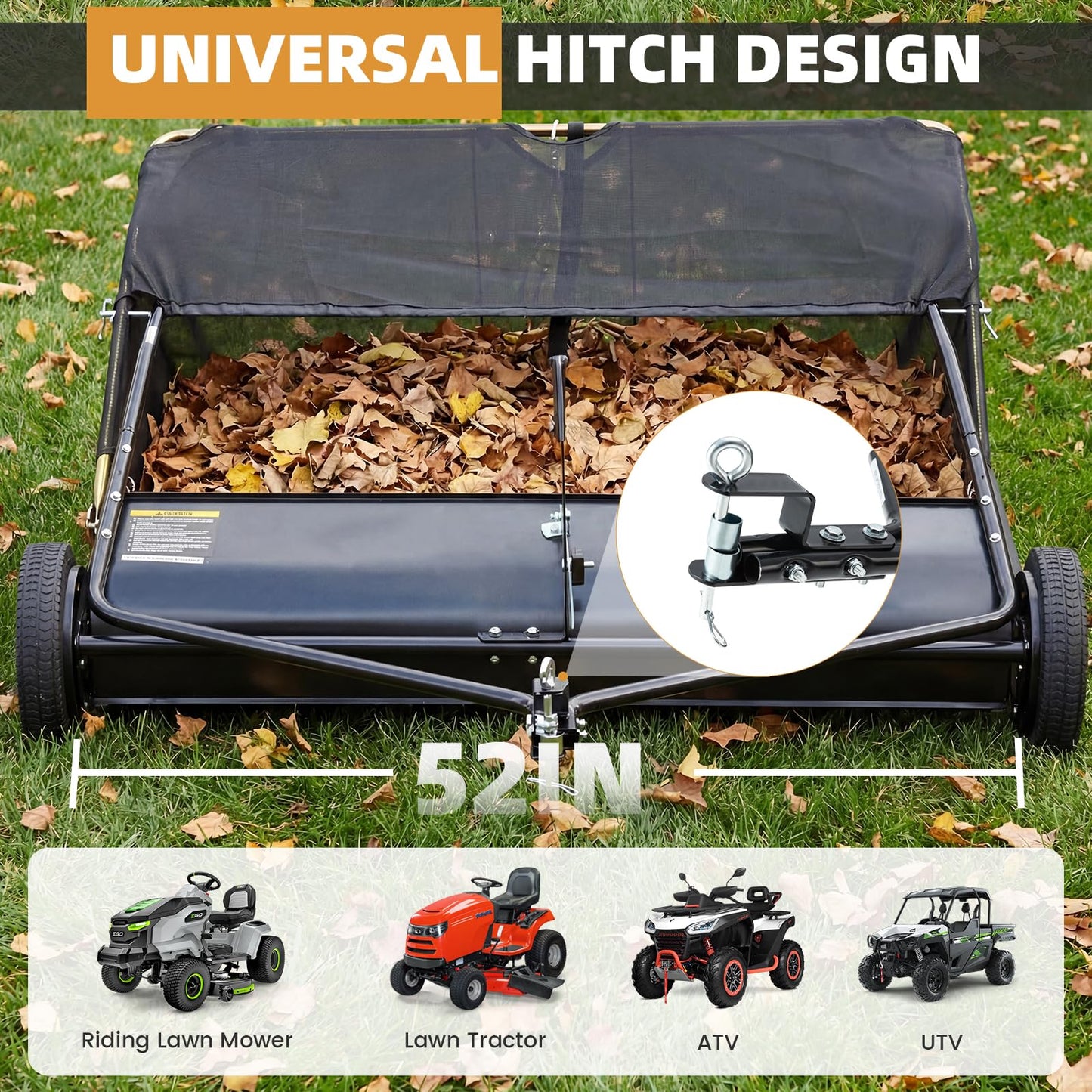 YODOLLA 52" Lawn Sweeper Tow Behind, Pull Behind Grass & Leaf Collector