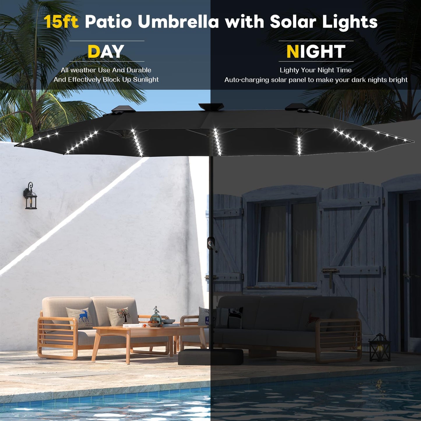 YODOLLA 15ft Double-Sided Patio Umbrella Outdoor Rectangle Umbrella with Base, Black