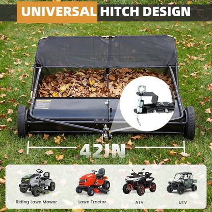 YODOLLA 42" Lawn Sweeper Tow Behind, Pull Behind Grass & Leaf Collector