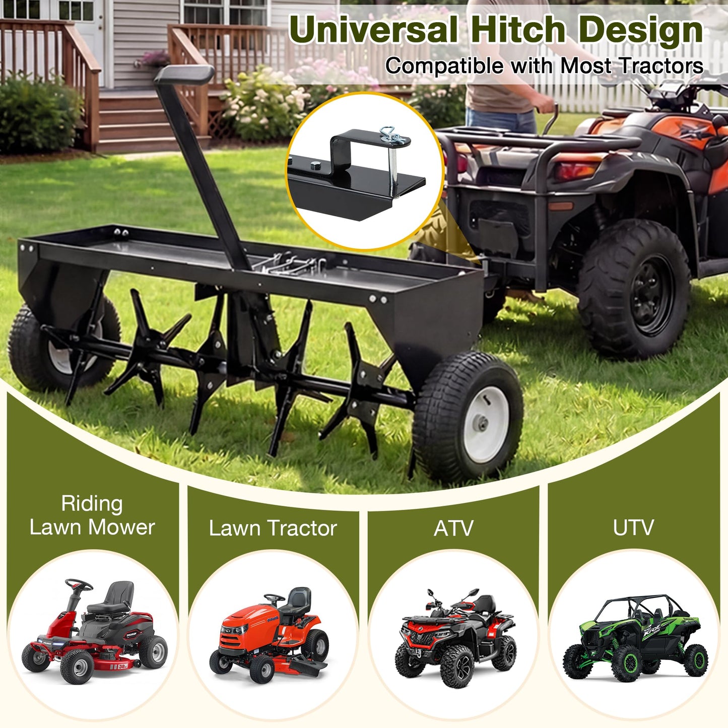 YODOLLA 48" Tow Behind Plug Aerator, Galvanized Steel Aerator Lawn Tool Tow Behind
