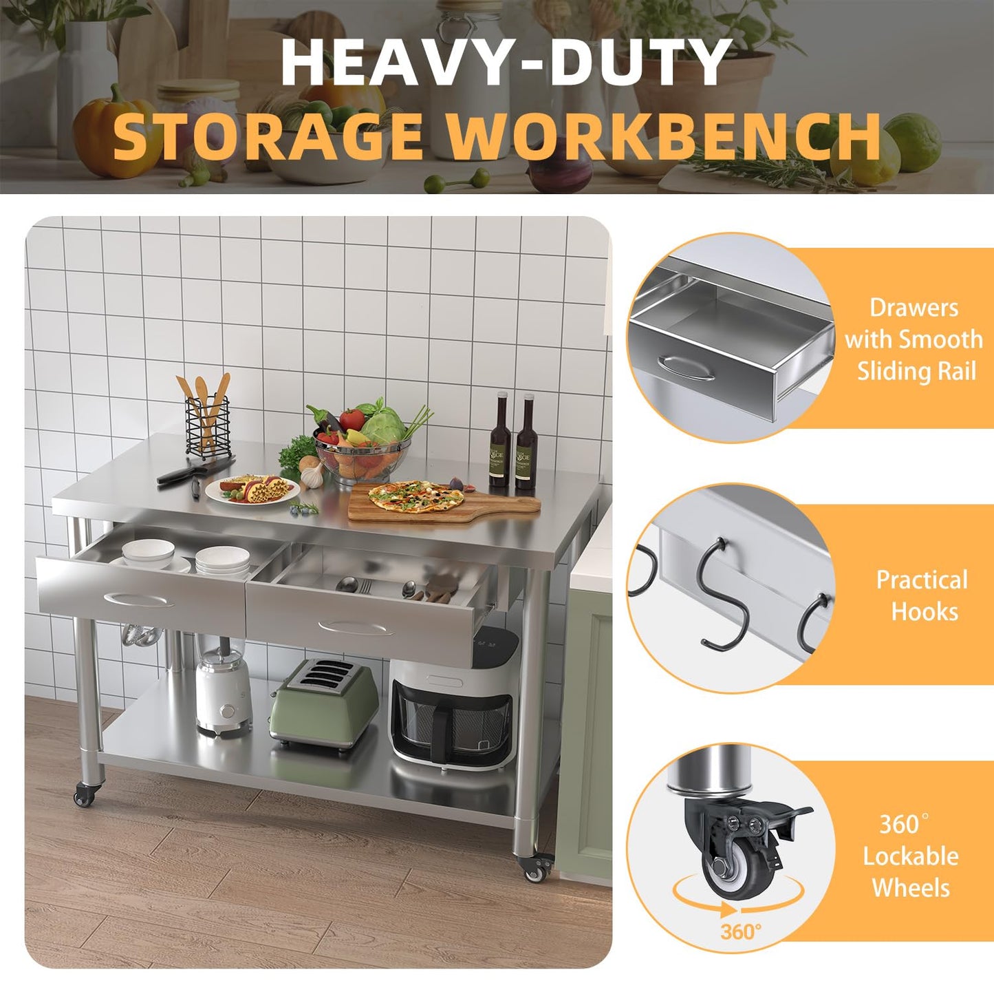 YODOLLA Stainless Steel Work Table with Drawers, 48"x24" Prep Table