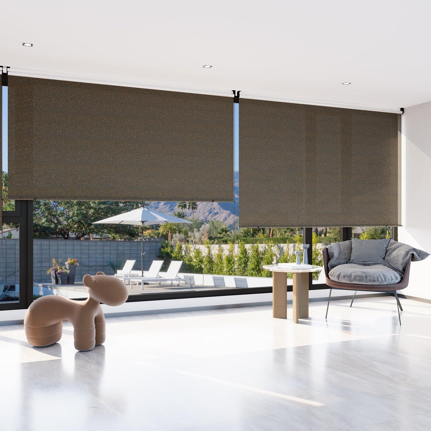 YODOLLA Mocha Outdoor Roller Shade, 220GSM HDPE Cordless Blinds, 99% UV Protection