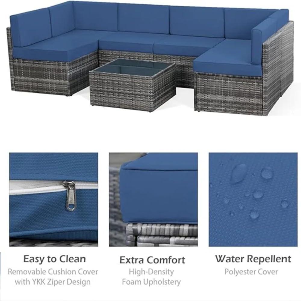 YODOLLA 7 Piece Outdoor Patio Furniture Set with 30 Inch Fire Pit Table, Grey Rattan Dark Blue Cushion