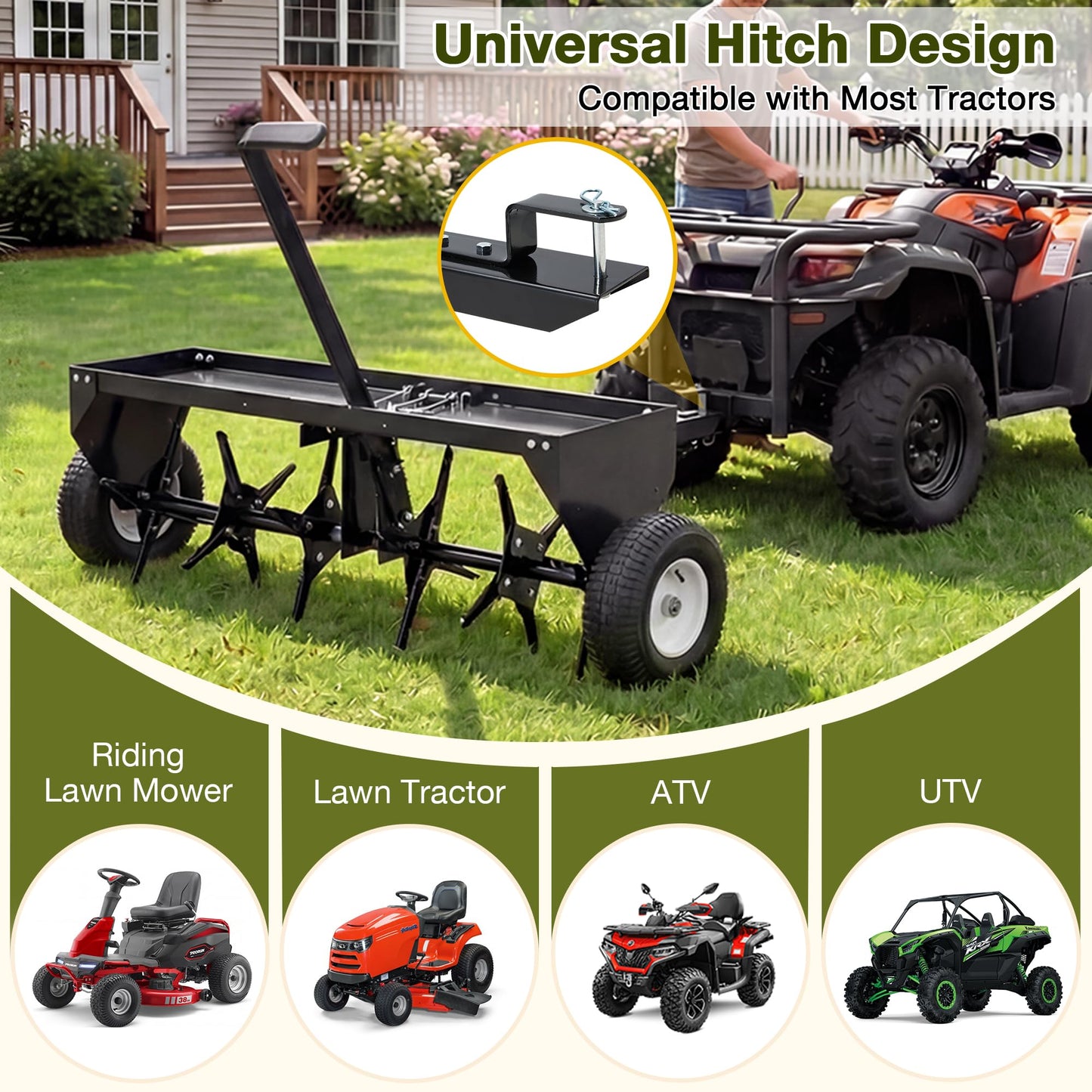 YODOLLA 40" Tow Behind Plug Aerator, Galvanized Steel Aerator Lawn Tool Tow Behind